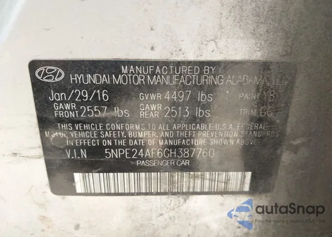 2016 Hyundai Sonata Se z USA, uszkodzony, nr VIN 5NPE24AF6GH387760